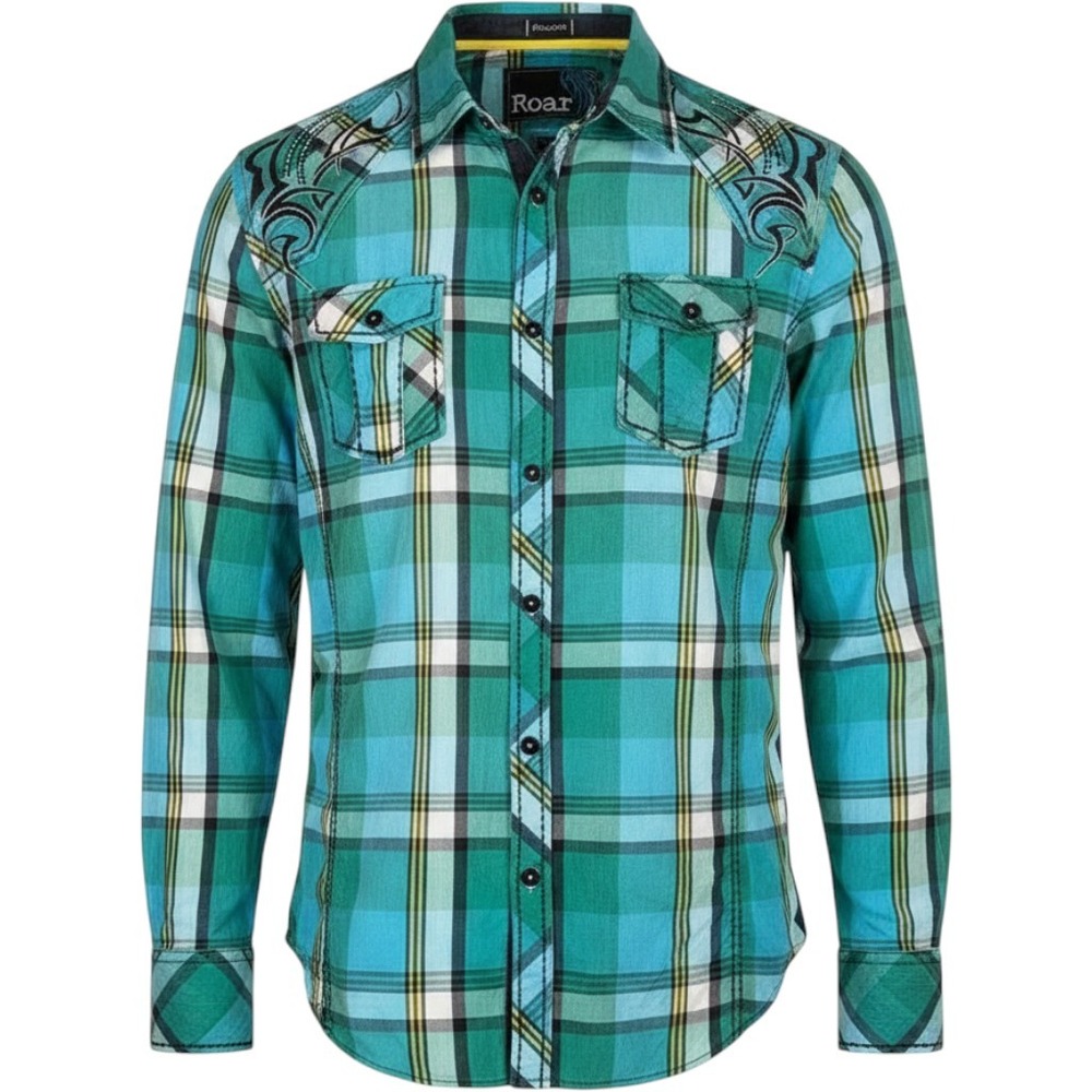 Roar Signature Mens Large Teal Green Plaid Tribal Embroidered Button Down Shirt